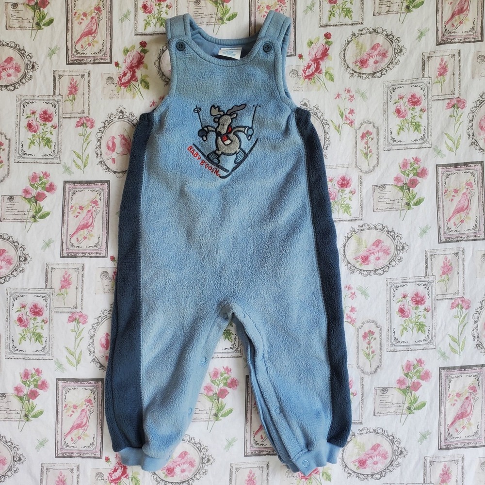 Vintage Baby B'Gosh 24M Blue Fleece Skiing‎ Reindeer Overall Romper Jumpsuit